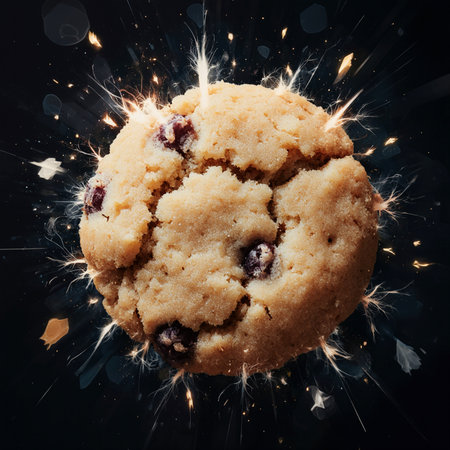 Delicious chocolate chip cookies with bokeh lights on black backgroundの素材