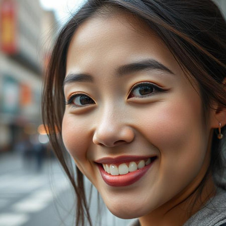 Closeup portrait of a beautiful young Asian woman smiling in the streetの素材