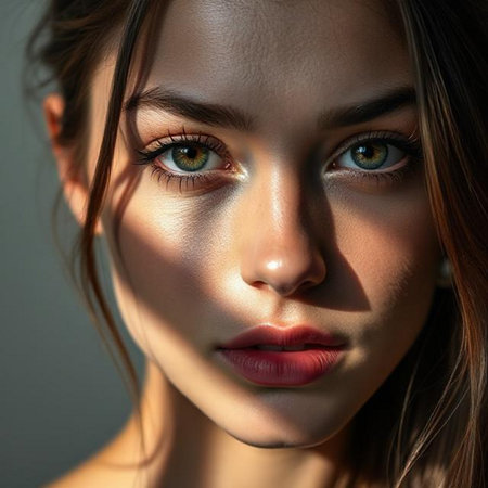 Closeup portrait of a beautiful young woman with green eyes and red lipsの素材