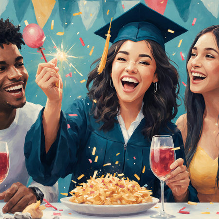 Happy students celebrating graduation party. Multiethnic group of friends having fun together.の素材