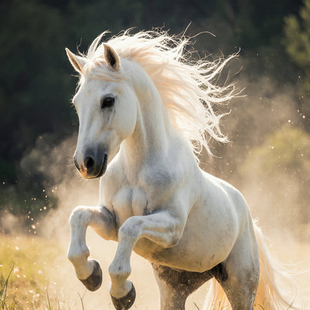 Beautiful white arabian stallion running gallop in fieldの素材