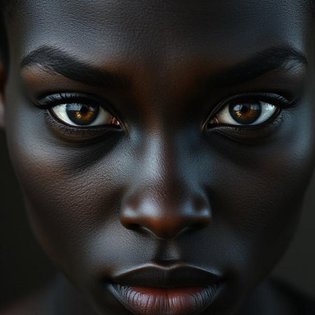 Close-up portrait of a beautiful African American woman with dark skin.の素材