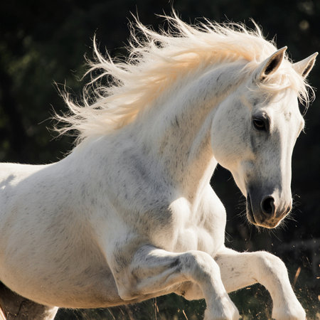 Beautiful white Arabian stallion with long mane running in fieldの素材