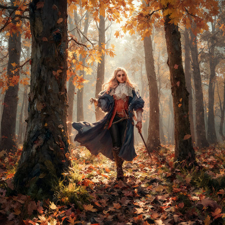 Fantasy image of a witch with a broom in the autumn forest.の素材