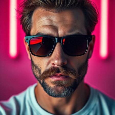 Portrait of a brutal man with a beard in sunglasses on a pink background.の素材