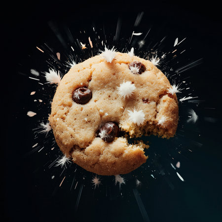 Chocolate chip cookie with splashes of milk on a dark backgroundの素材