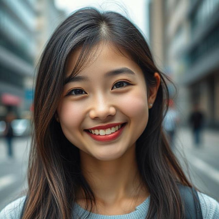 Portrait of young beautiful Asian woman smiling in the city.の素材