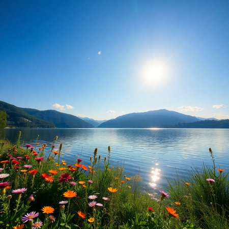 Beautiful view of the lake with flowers on a sunny day.の素材