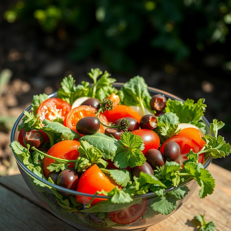Fresh salad with cherry tomatoes, olives and parsley in glass bowlの素材