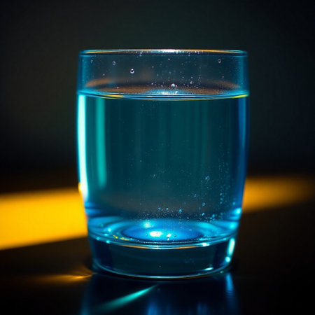 Glass of water on a dark background. Shallow depth of field.の素材