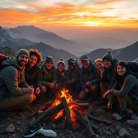 Group of friends sitting around bonfire in mountains at sunset. Camping and travel conceptの素材