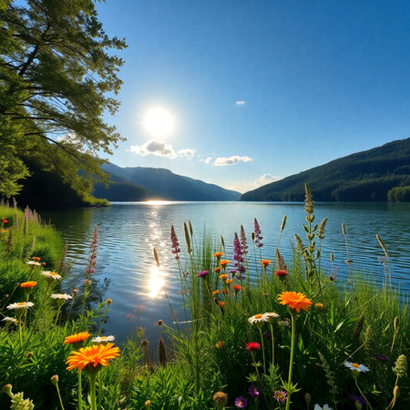 Beautiful summer landscape on mountain lake. Composition of nature.の素材