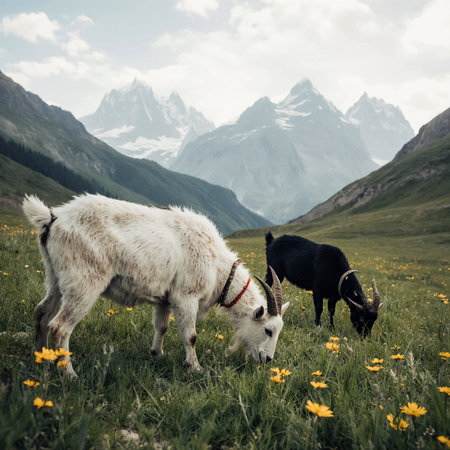 Two goats grazing in the meadow with yellow flowers and mountains in the backgroundの素材