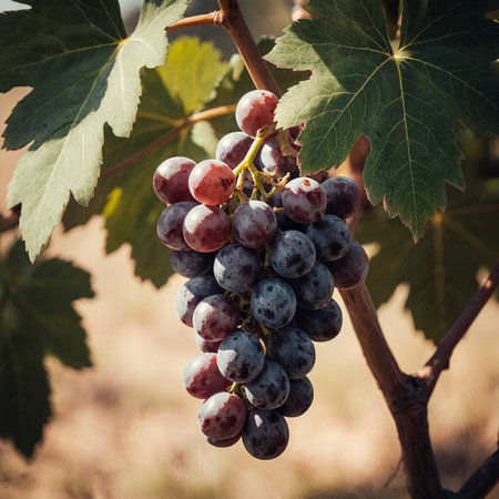Ripe red grapes on the vine in a vineyard in autumnの素材