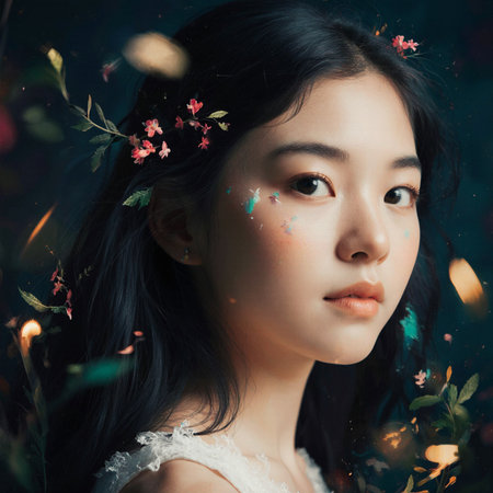 Beautiful asian woman with spring flowers in her hair and faceの素材