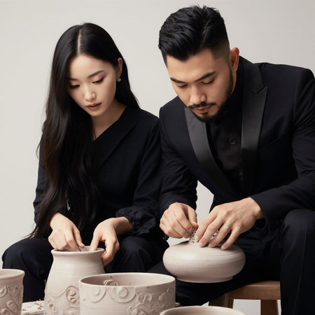 Young Asian woman and man making ceramic vase. Studio shot.の素材