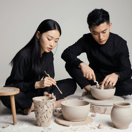 Portrait of young Asian couple making clay pottery in studio.の素材