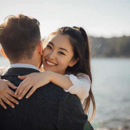 Young asian couple embracing each other on the beach in the morningの素材