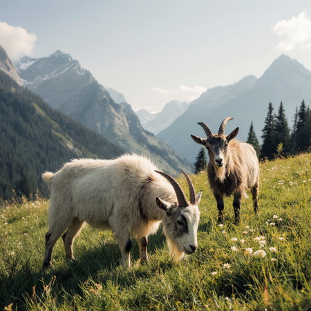 Goats on the alpine meadow in the Dolomitesの素材