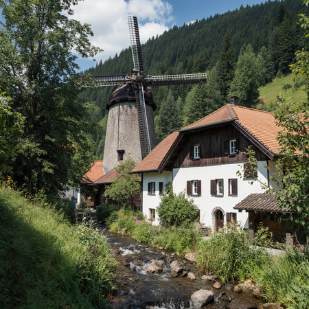 Traditional old wooden windmill in the mountains of Bavaria, Germanyの素材
