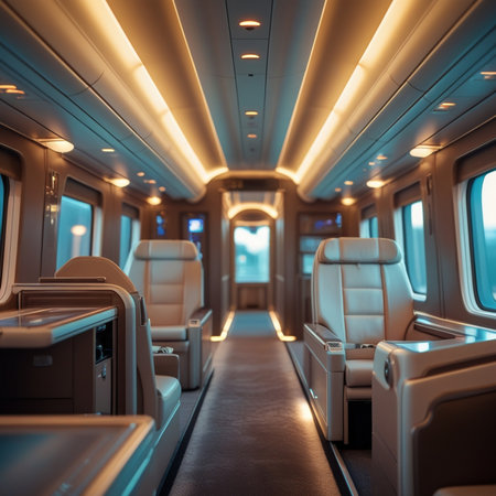 Interior of an airplane with empty seats. 3D rendering.の素材