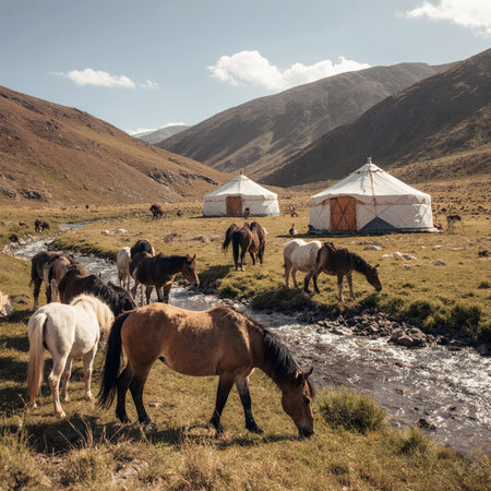 Mongolian horses and yurt on the highlands of Mongoliaの素材