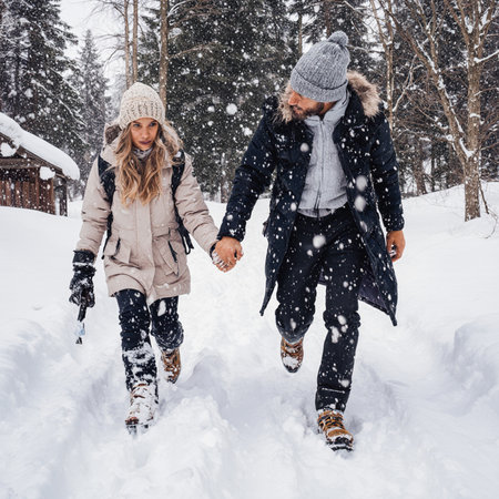 Couple in love walking in winter forest. Happy young man and woman having fun on fresh snow.の素材