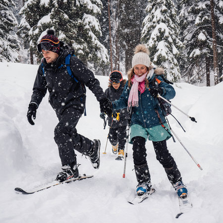 Group of people skiing in the winter forest. Group of friends on snowshoesの素材
