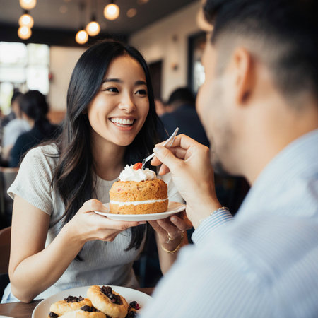Young asian couple eating cake in a cafe. People and lifestyle concept.の素材