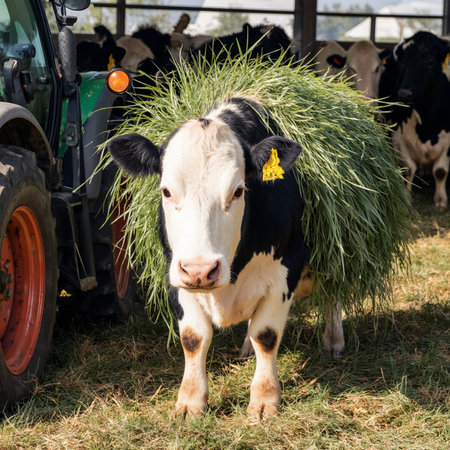 Cow with hay on the farm. Holstein dairy cow is eating hay.の素材