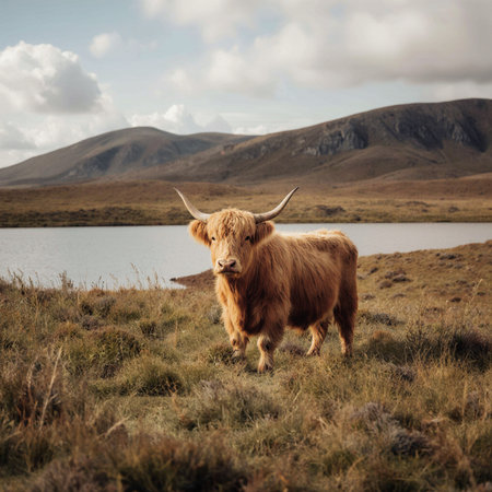 Scottish highland cow in a field on the Isle of Skyeの素材