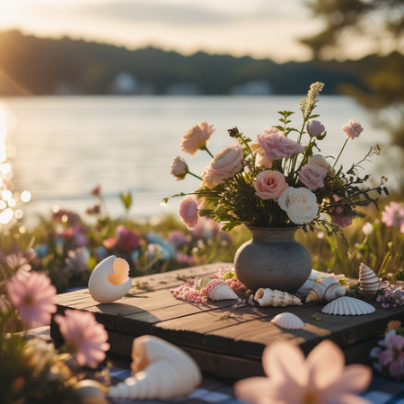 Bouquet of flowers in a vase on a wooden table near the river.の素材
