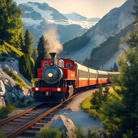 Train on the railway in the mountains at sunset. Retro style.の素材