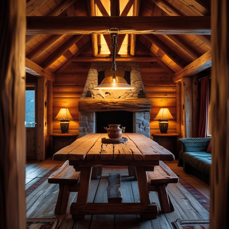 Interior of a log house with a fireplace and a wooden tableの素材