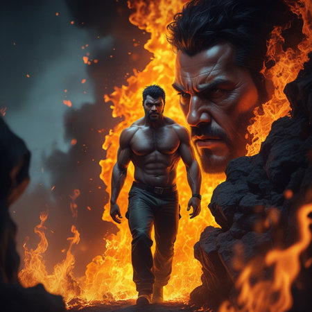 Muscular man standing in front of the fire. 3d renderingの素材