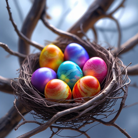 Colorful Easter eggs in a bird's nest on a tree branchの素材