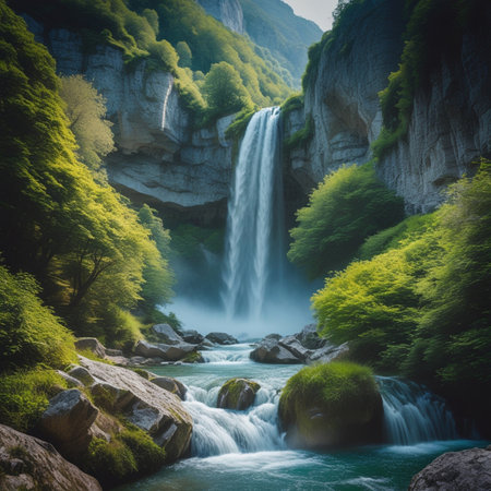 Beautiful waterfall in the forest. Summer landscape. Toned.の素材