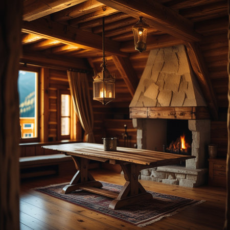 Interior of a country house in the mountains. Wooden furniture and fireplaceの素材