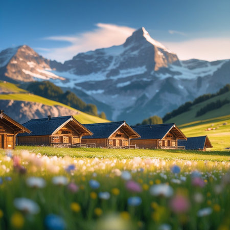 Beautiful alpine meadow with wooden chalets and Matterhorn in background, Switzerlandの素材