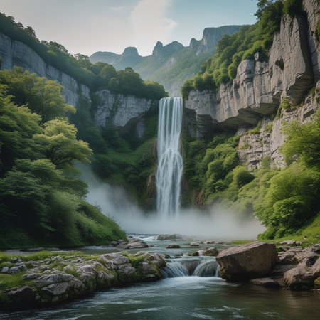 Waterfall in the forest. Waterfall in the mountains. Summer landscape.の素材