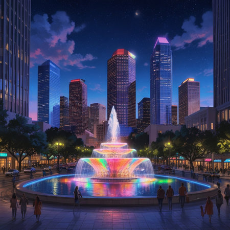 Chicago, Illinois, USA downtown city skyline at night with fountain.の素材