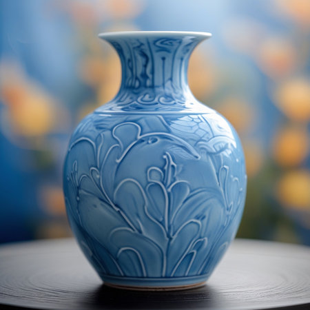 Blue ceramic vase on a table in front of a blurred backgroundの素材