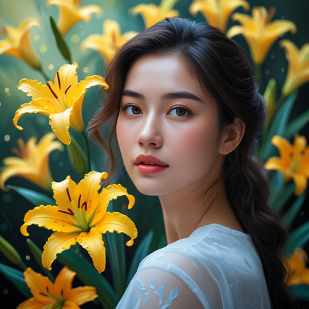 Beautiful asian woman with yellow lily flowers in the gardenの素材
