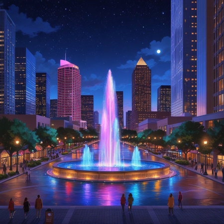 Fountain at night in downtown Chicago, Illinois, United States.の素材