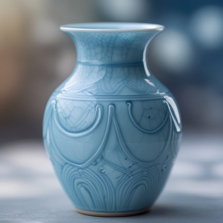 Blue ceramic vase on a wooden table with bokeh backgroundの素材