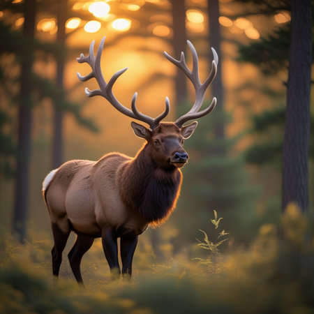 Bull elk during sunset in the forest. Wildlife scene from nature.の素材