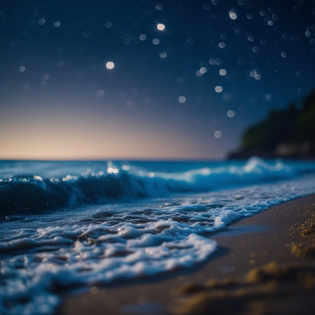 Beautiful seascape with sea waves on the sandy beach at sunsetの素材