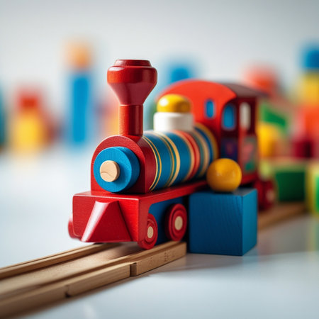 Toy train with colorful wooden blocks on white background. Selective focus.の素材