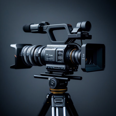 Professional video camera on a tripod on a dark background. Studio shot.の素材