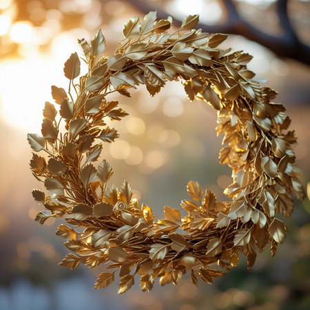 Golden christmas wreath on a tree with bokeh backgroundの素材
